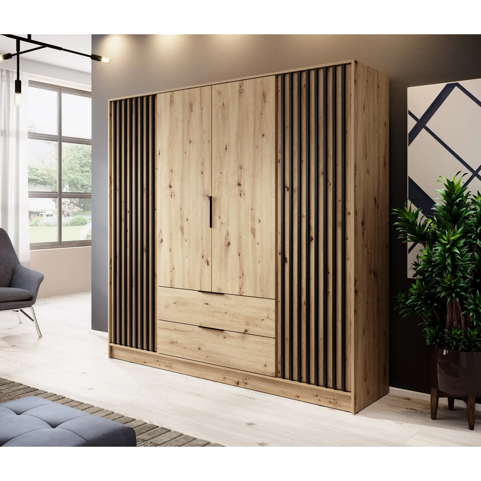 Szafa Nelly 4d Artisan/Lamela czarnym 200cm