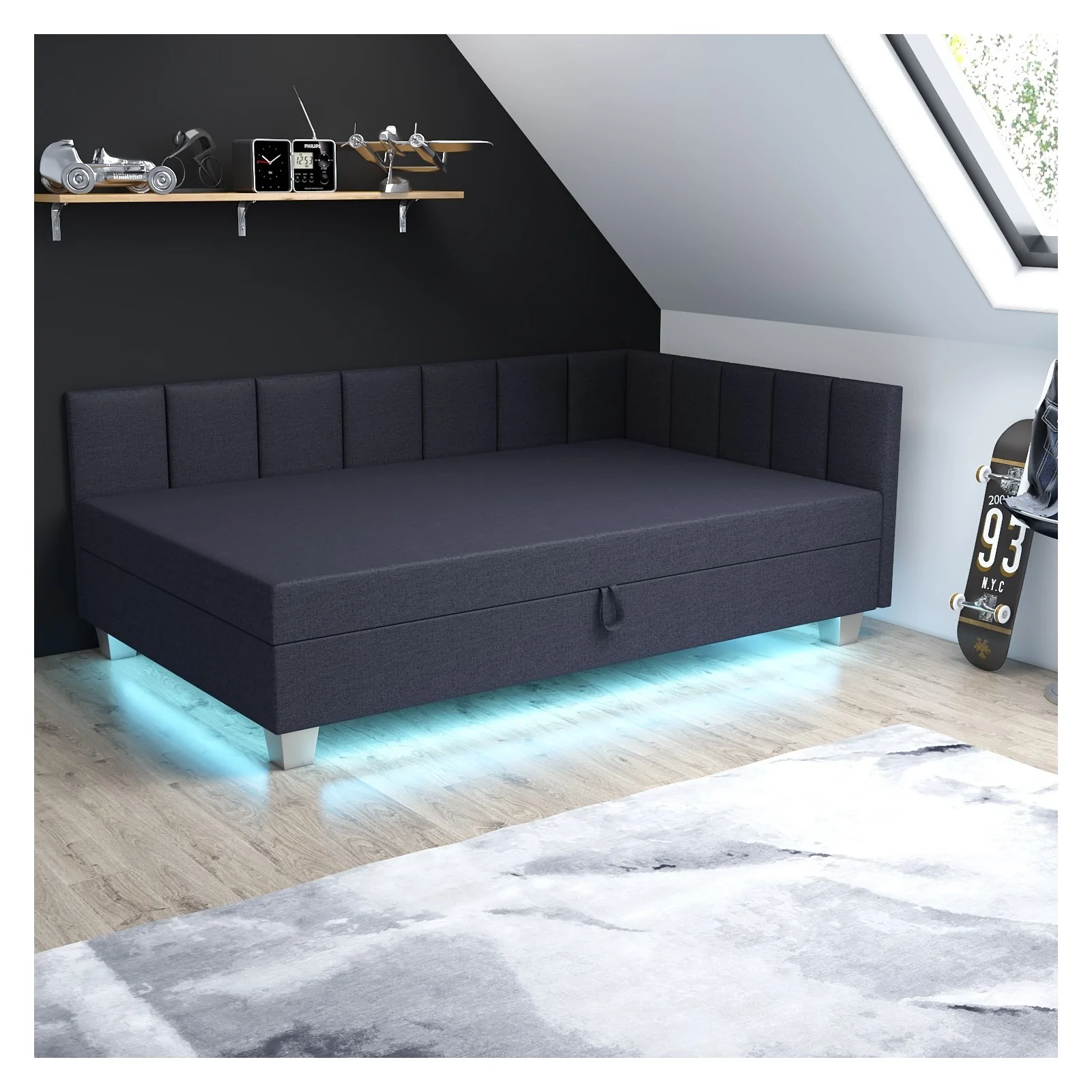 Tapczan jednoosobowy Led Marcela+ Łóżko młodzieżowe z pojemnikiem na pościel
