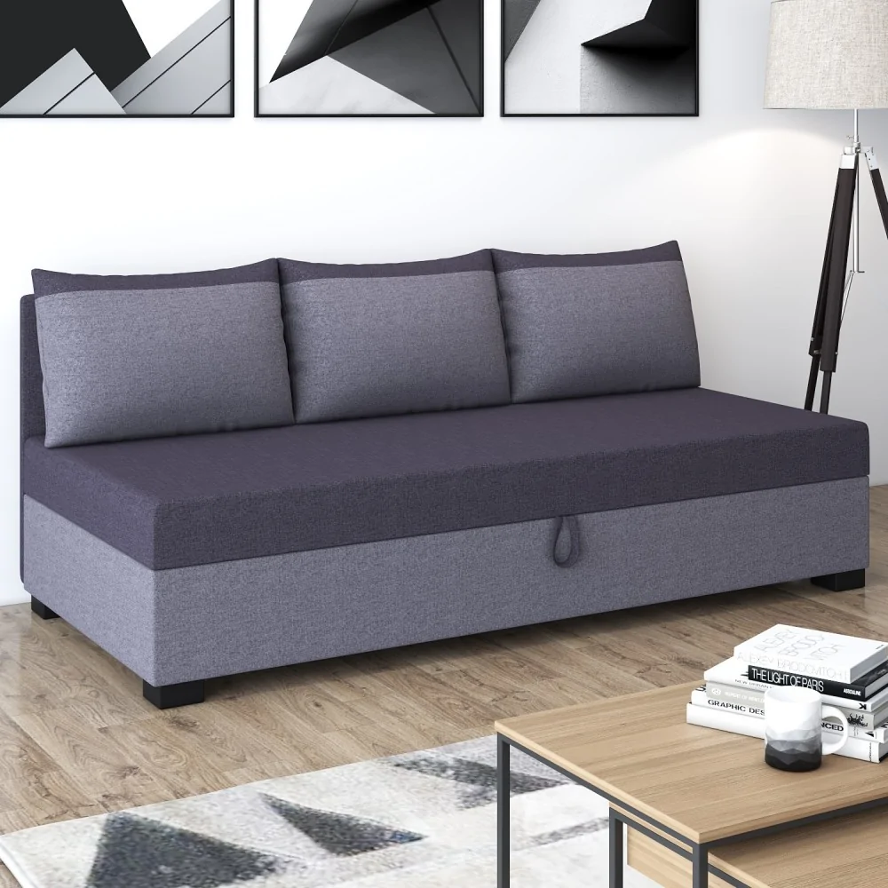 Tapczan z oparciem i poduszkami Uma Łóżko jednoosobowe z pojemnikiem na pościel Tapczan z oparciem i poduszkami Uma Łóżko jednoosobowe z pojemnikiem na pościel