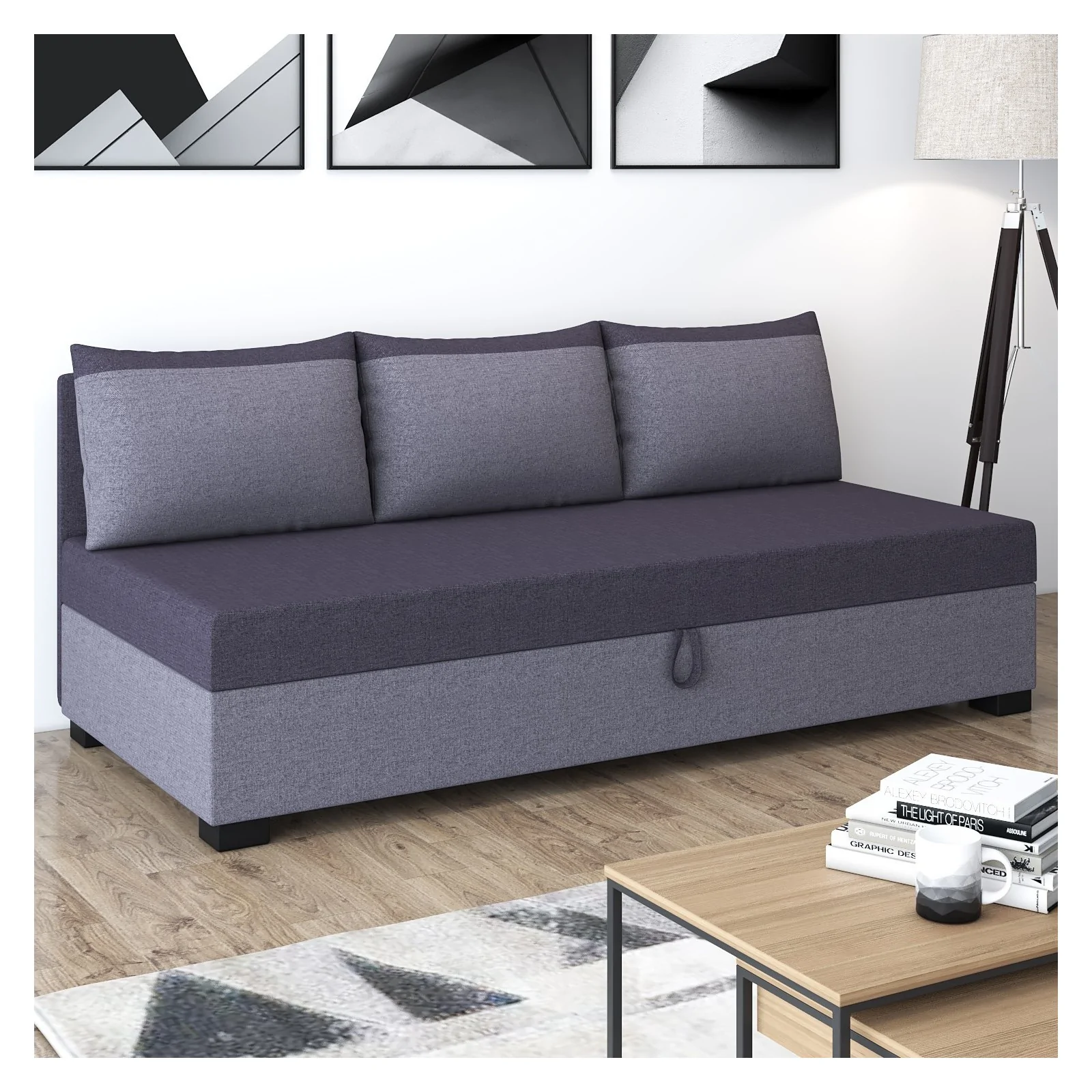 Tapczan z oparciem i poduszkami Uma Łóżko jednoosobowe z pojemnikiem na pościel