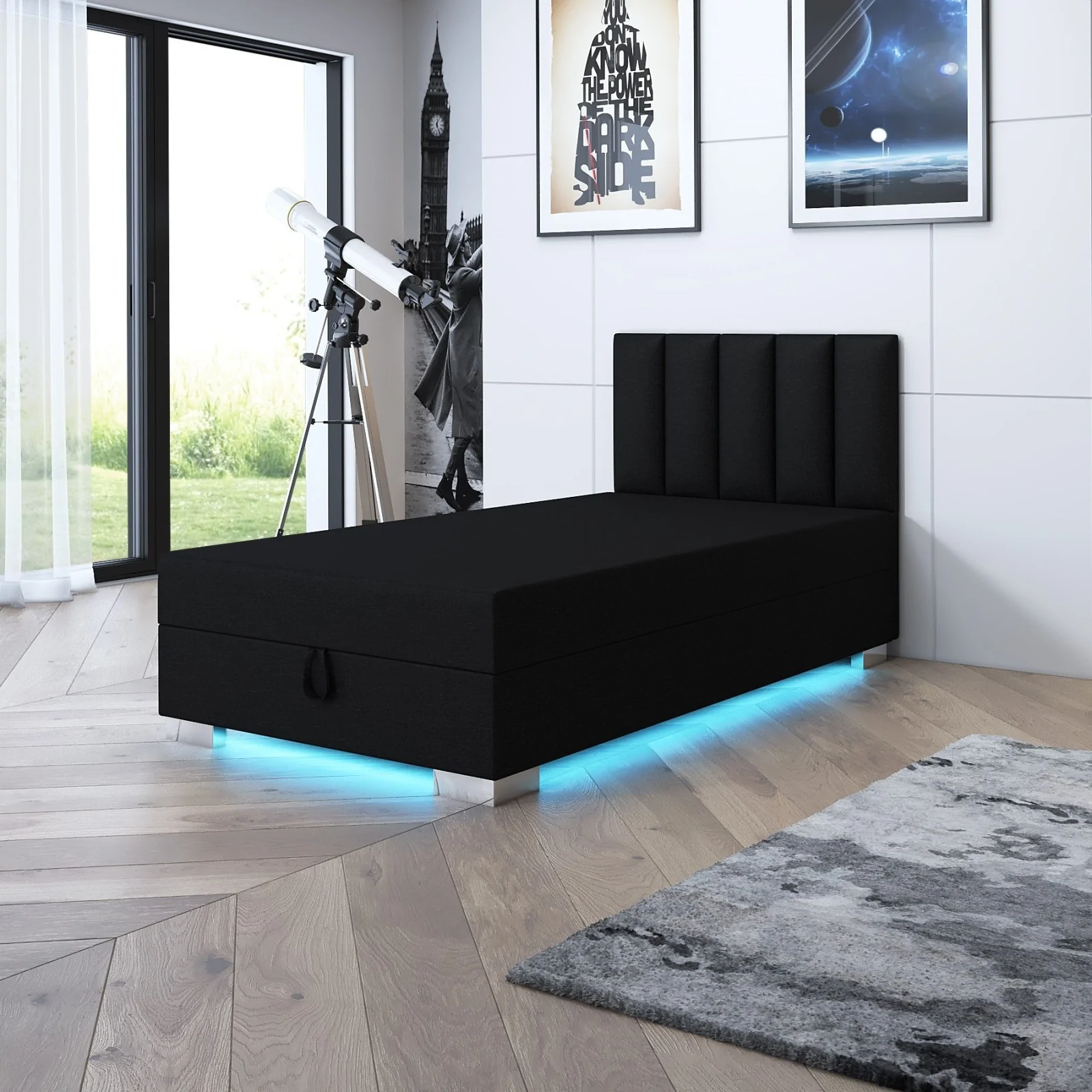 Tapczan z pojemnikiem Merkury Łóżko młodzieżowe z oświetleniem Led