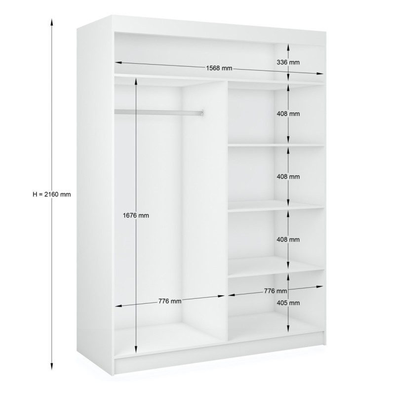 Rysunek wymiarowy szafy Makira 160: szerokość 1568 mm w świetle, wysokość 2160 mm; lewa część z drążkiem 776 mm na wysokości 1676 mm, prawa kolumna półek 776 mm