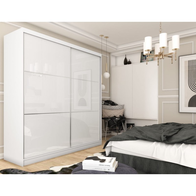 Szafa przesuwna VIVIO 200 cm w sypialni: biały korpus, dwa skrzydła z białego szkła Lacobel w połysku z poziomymi listwami aluminiowymi