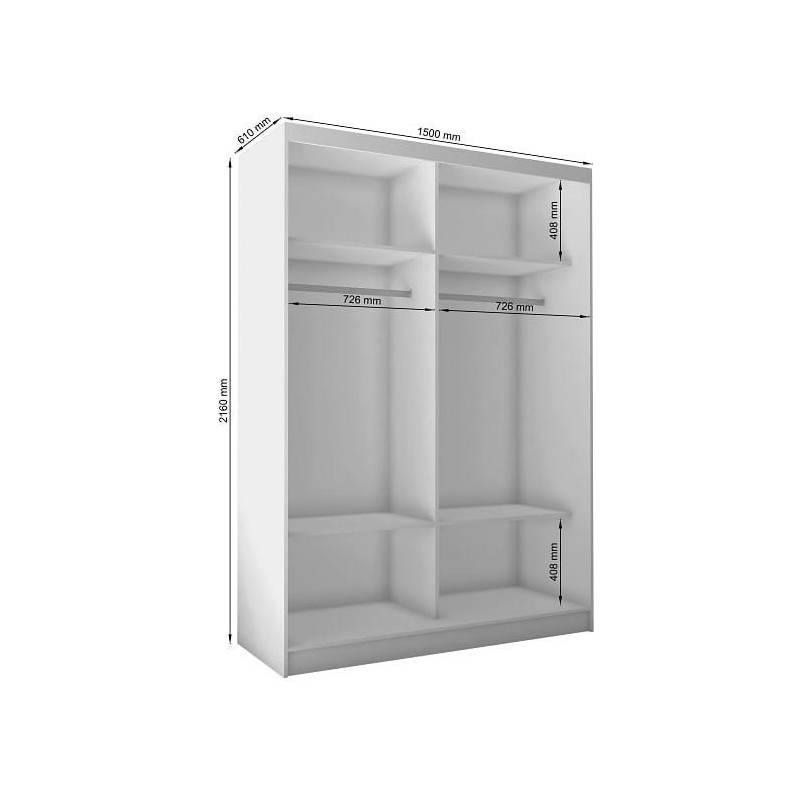 Rysunek wymiarowy szafy VIVIO 150: szerokość 1500 mm, wysokość 2160 mm, głębokość 610 mm; dwie sekcje po 726 mm, w każdej drążek i półki 408 mm