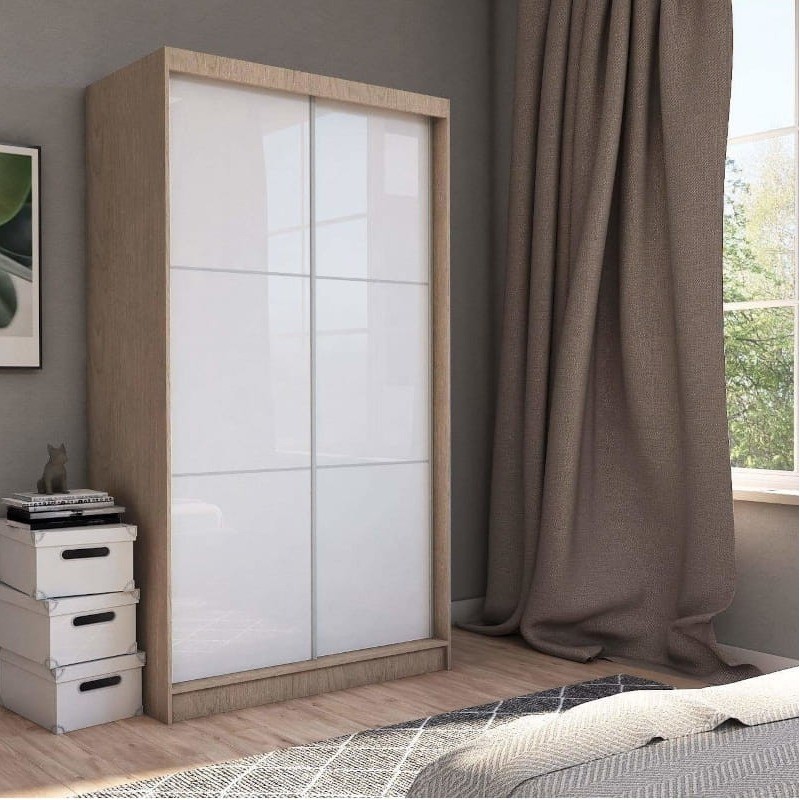 Szafa przesuwna VIVIO 150 cm: korpus w dekorze dąb sonoma, dwa skrzydła z białego szkła Lacobel w połysku z poziomymi listwami aluminiowymi