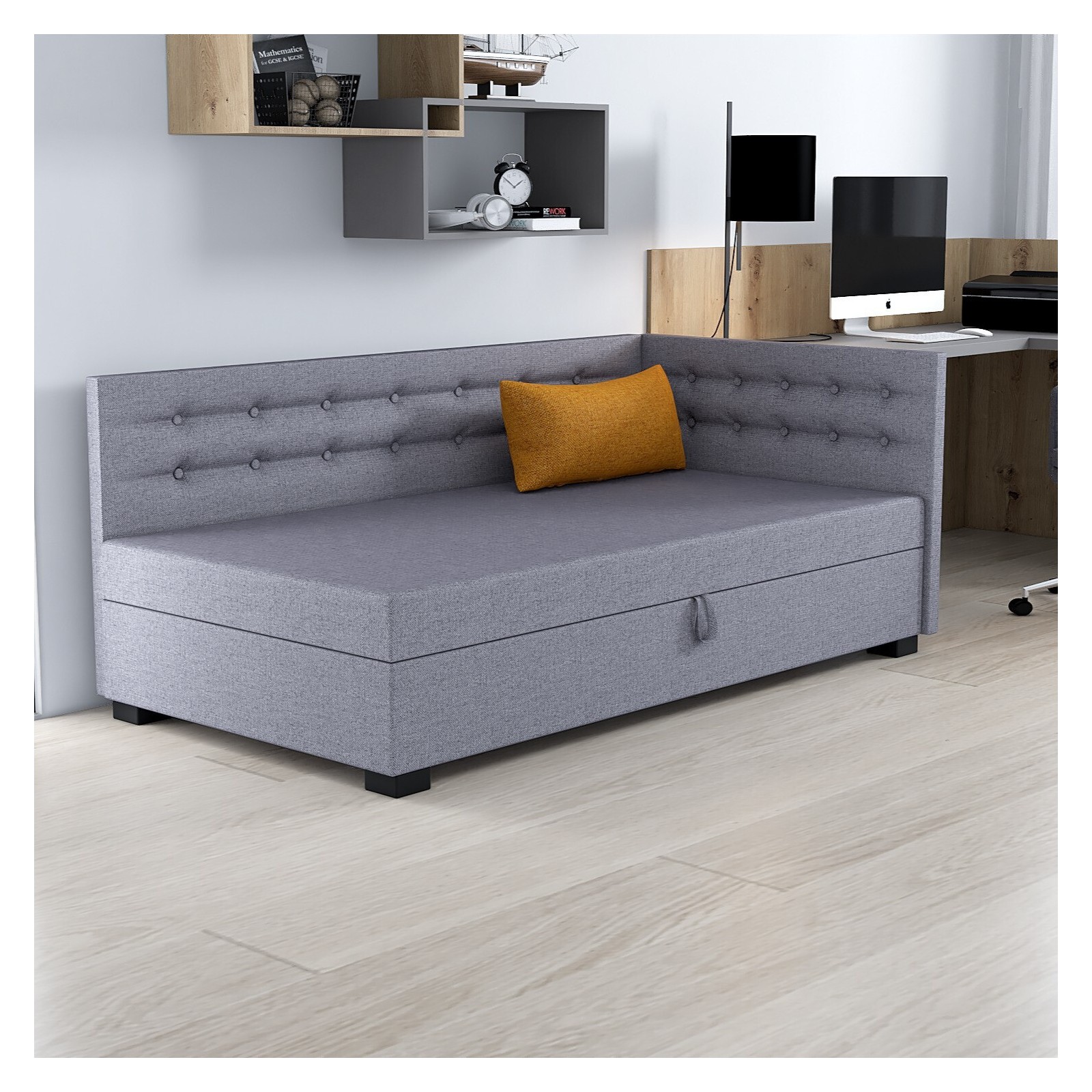 Tapczan jednoosobowy Olaf+ Łóżko młodzieżowe z pojemnikiem na pościel +poduszki Gratis