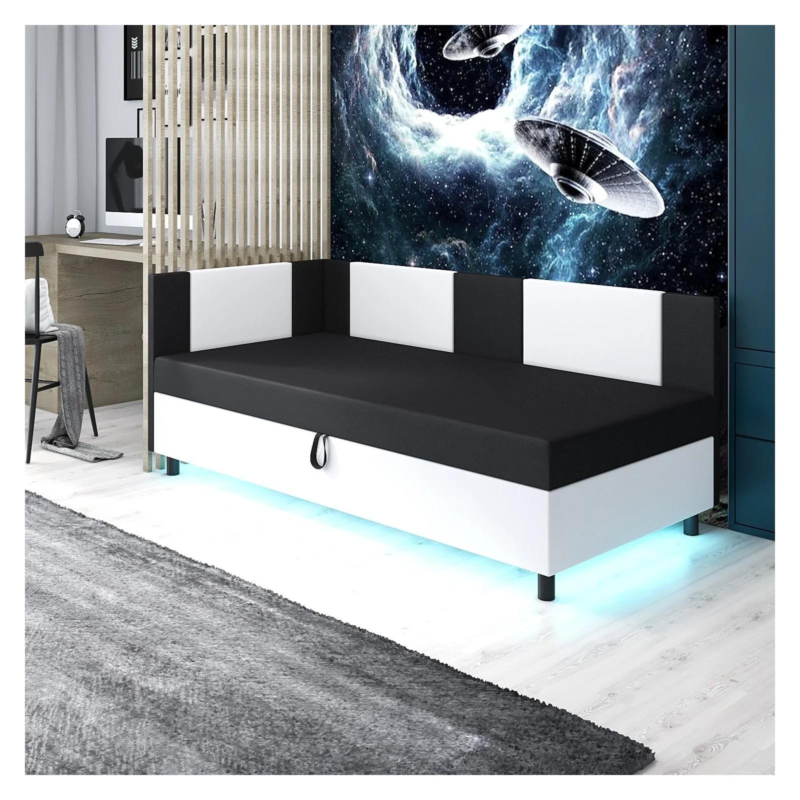 Tapczan jednoosobowy Axel z oświetleniem Led Łóżko młodzieżowe +pojemnik na pościel