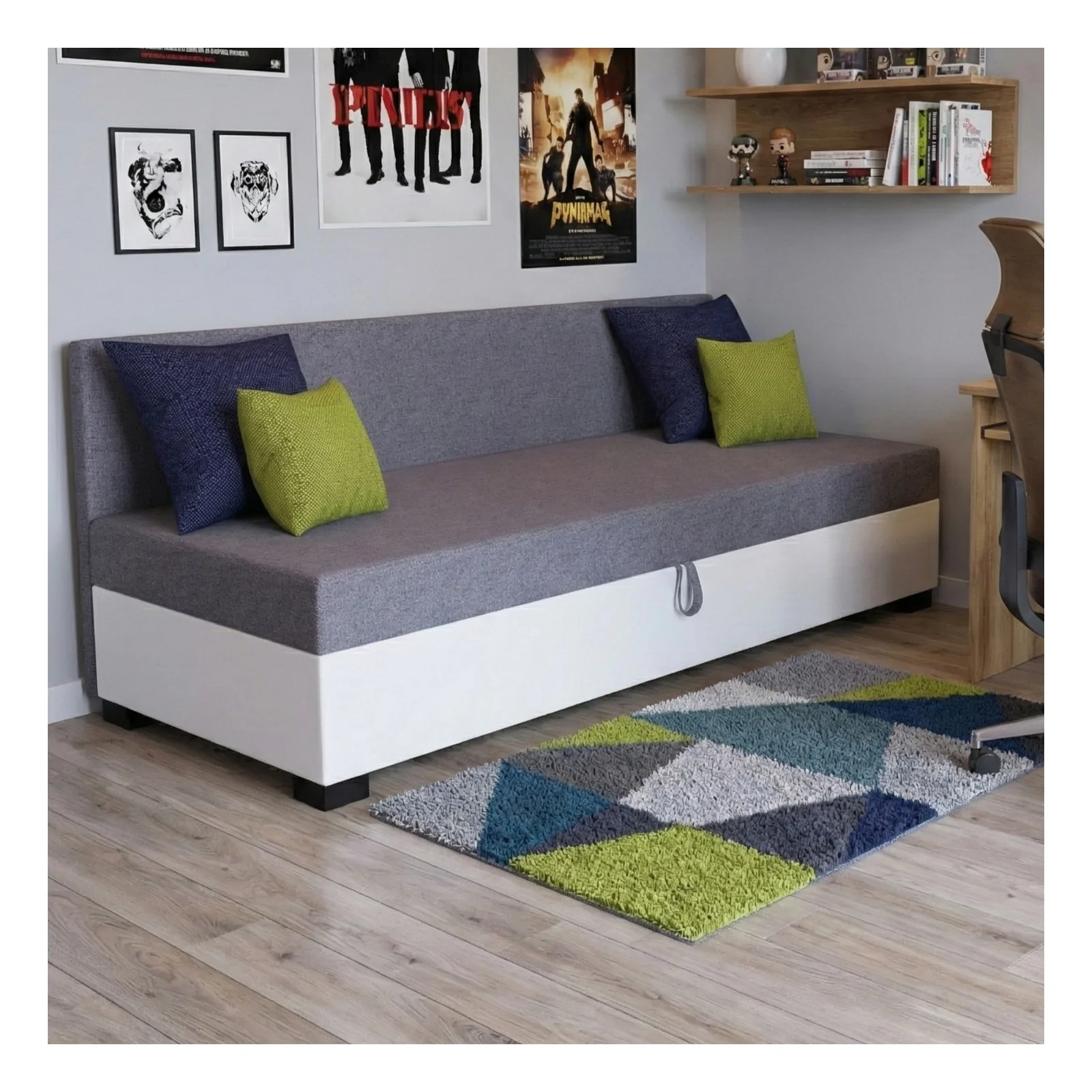 Łóżko młodzieżowe Bob, tapczan jednoosobowy z pojemnikiem na pościel +Poduszki Gratis