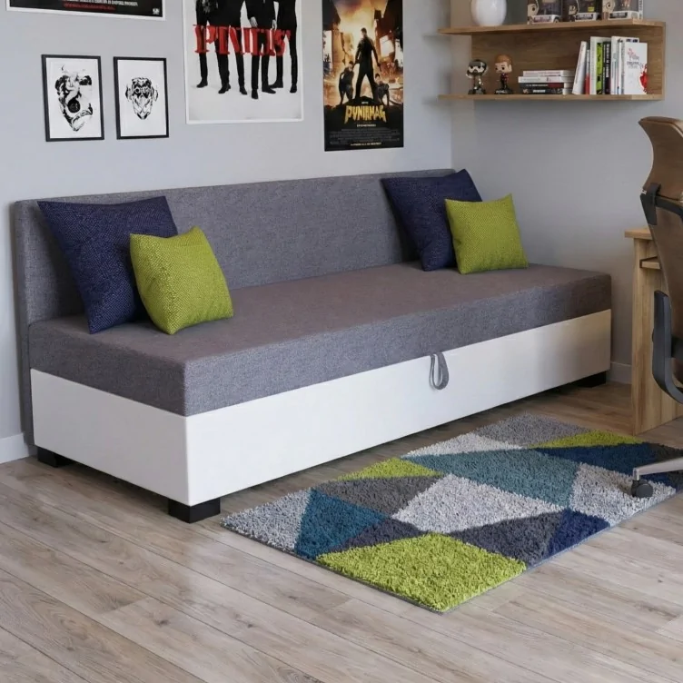 Łóżko młodzieżowe Bob, tapczan jednoosobowy z pojemnikiem na pościel +Poduszki Gratis