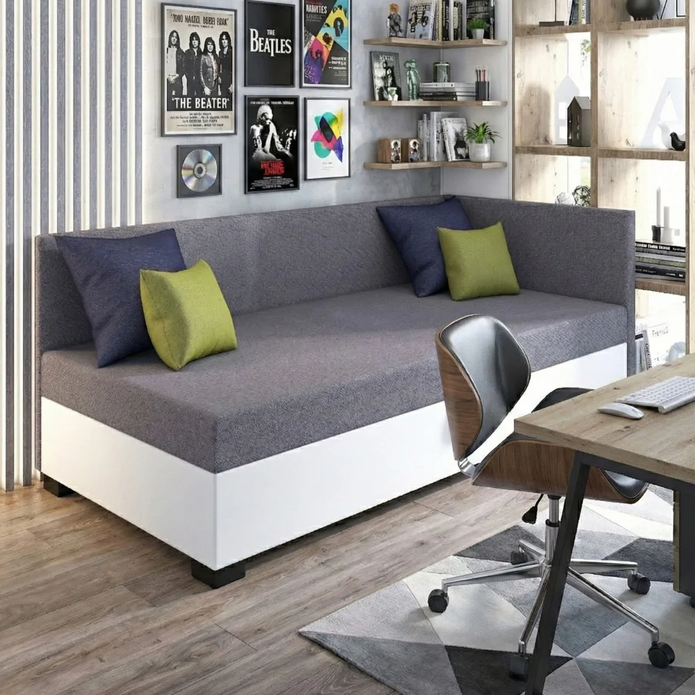 Łóżko młodzieżowe Bob+, tapczan jednoosobowy z pojemnikiem na pościel +Poduszki Gratis