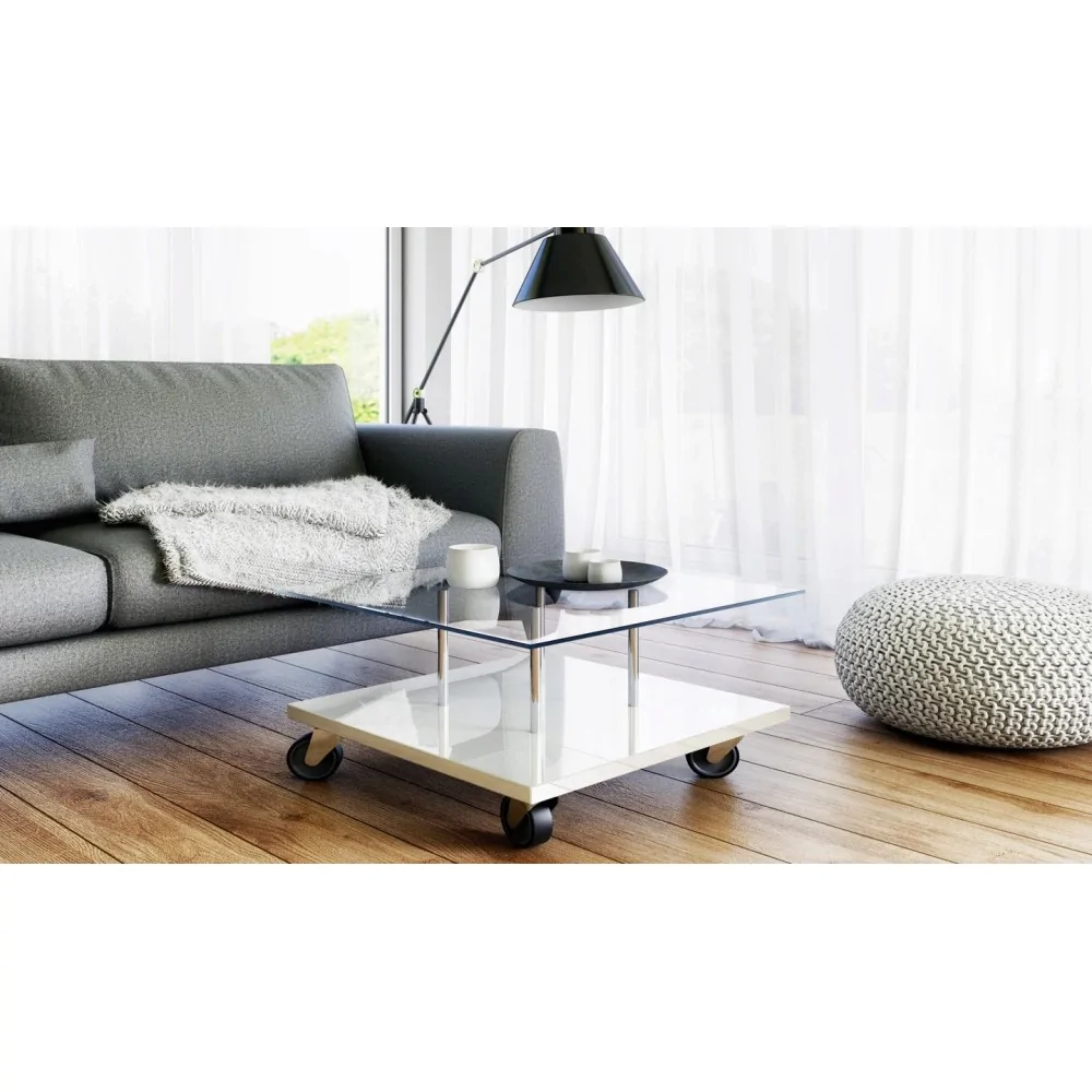 Ława do salonu, stolik kawowy biały połysk+ szklany blat