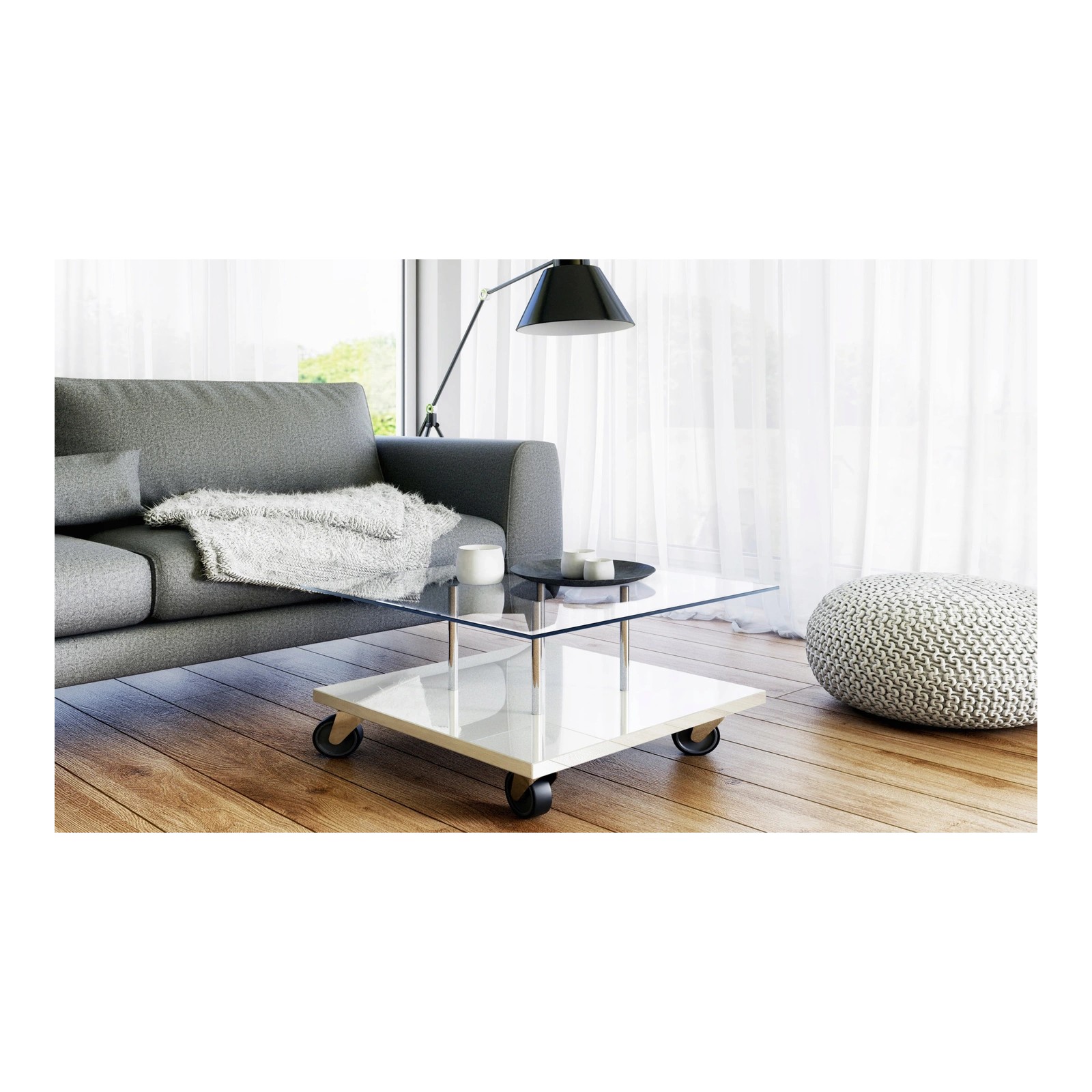 Ława do salonu, stolik kawowy biały połysk+ szklany blat