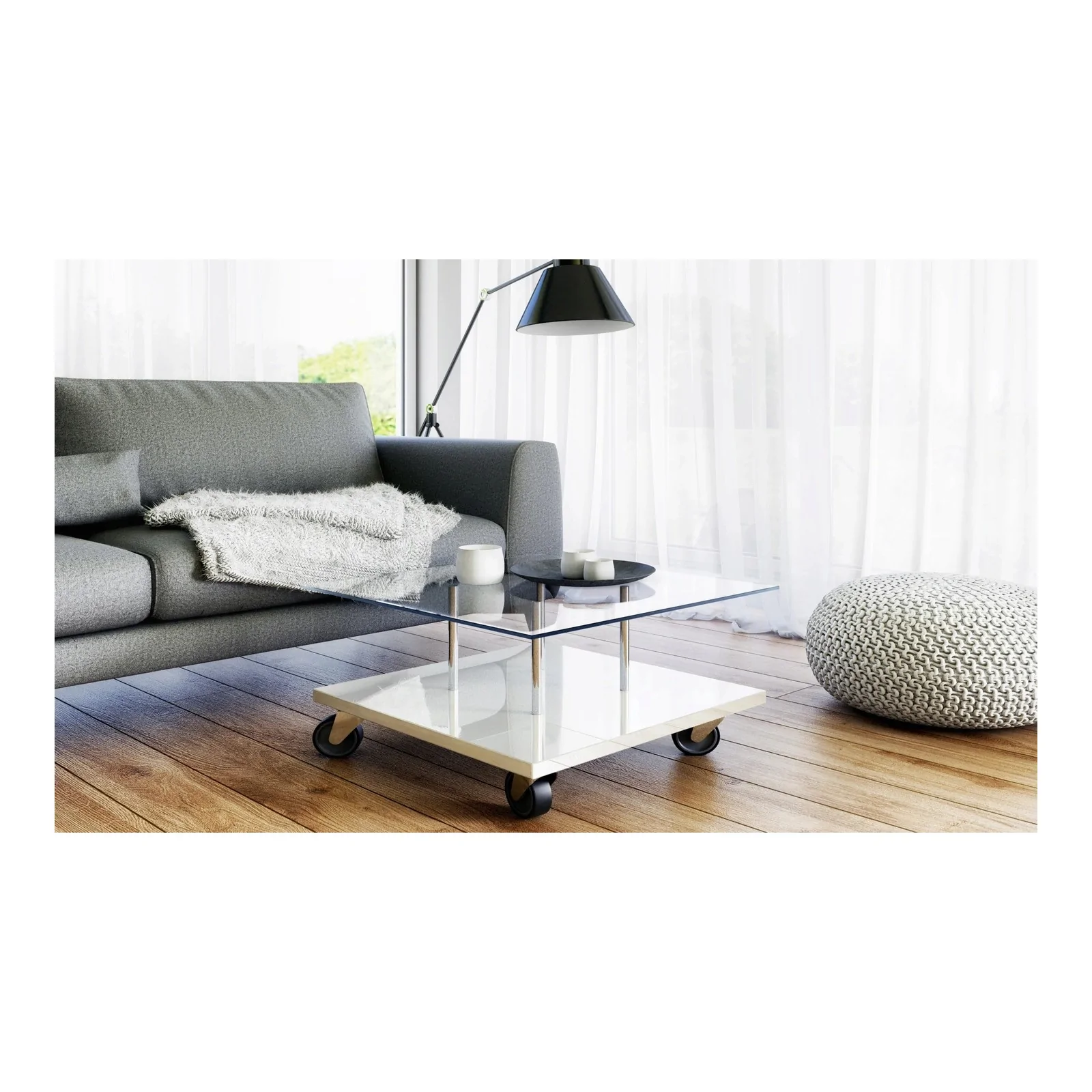 Ława do salonu, stolik kawowy biały połysk+ szklany blat