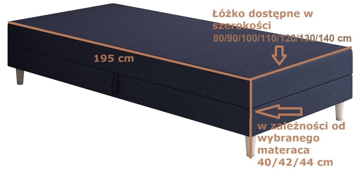 Rysunek wymiarowy tapczanu Eliot: długość 195 cm, szerokości 80–140 cm, wysokość 40/42/44 cm zależnie od materaca