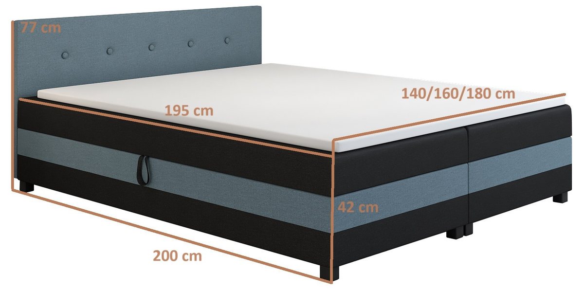 Rysunek wymiarowy tapczanu Ilia: spanie 195 cm, szerokości 140/160/180 cm, długość 200 cm, wysokość 42 cm, wezgłowie 77 cm