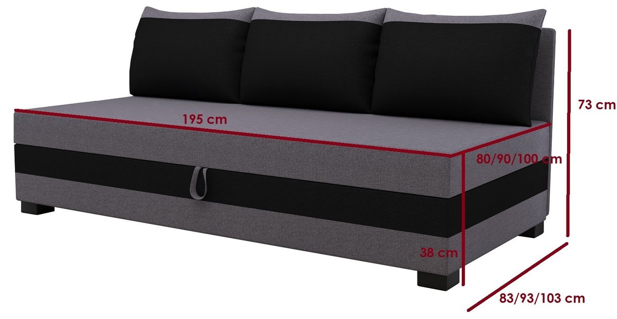 Rysunek wymiarowy tapczanu Ilia z oparciem: spanie 195 cm, szerokości 80/90/100 cm, głębokość 83/93/103 cm, wysokość leża 38 cm, oparcie 73 cm