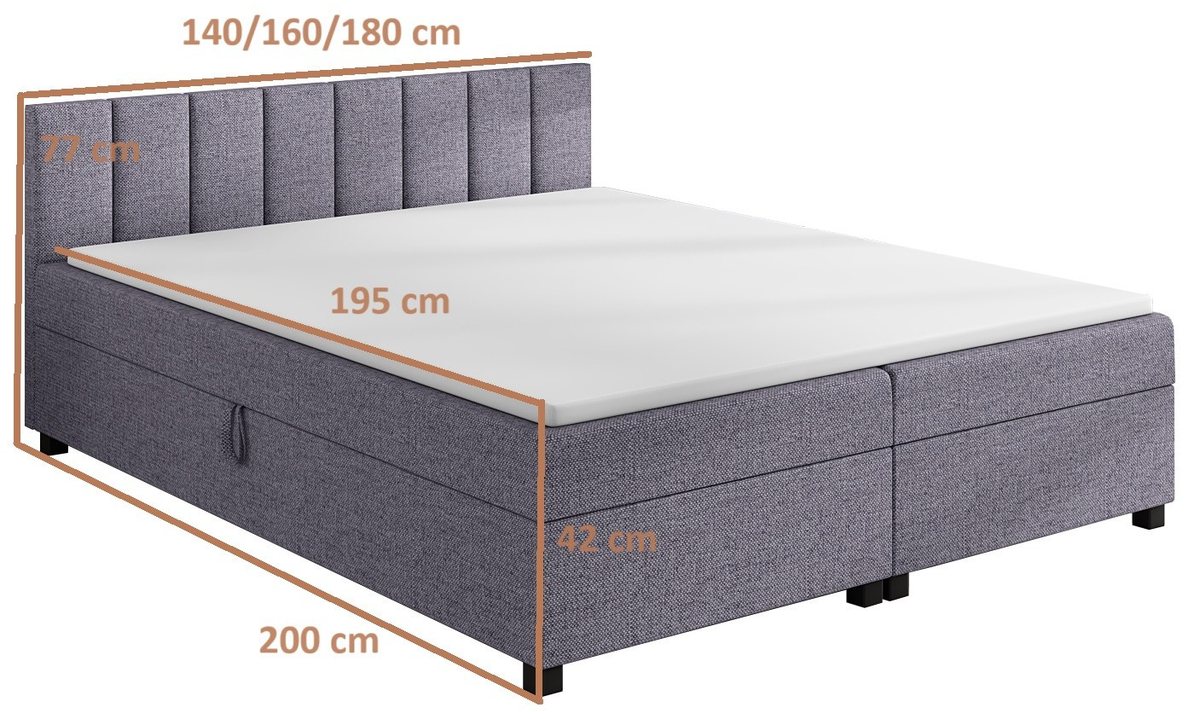 Rysunek wymiarowy tapczanu Leo: spanie 195 cm, szerokości 140/160/180 cm, długość całkowita 200 cm, skrzynia 38 cm, wezgłowie 77 cm