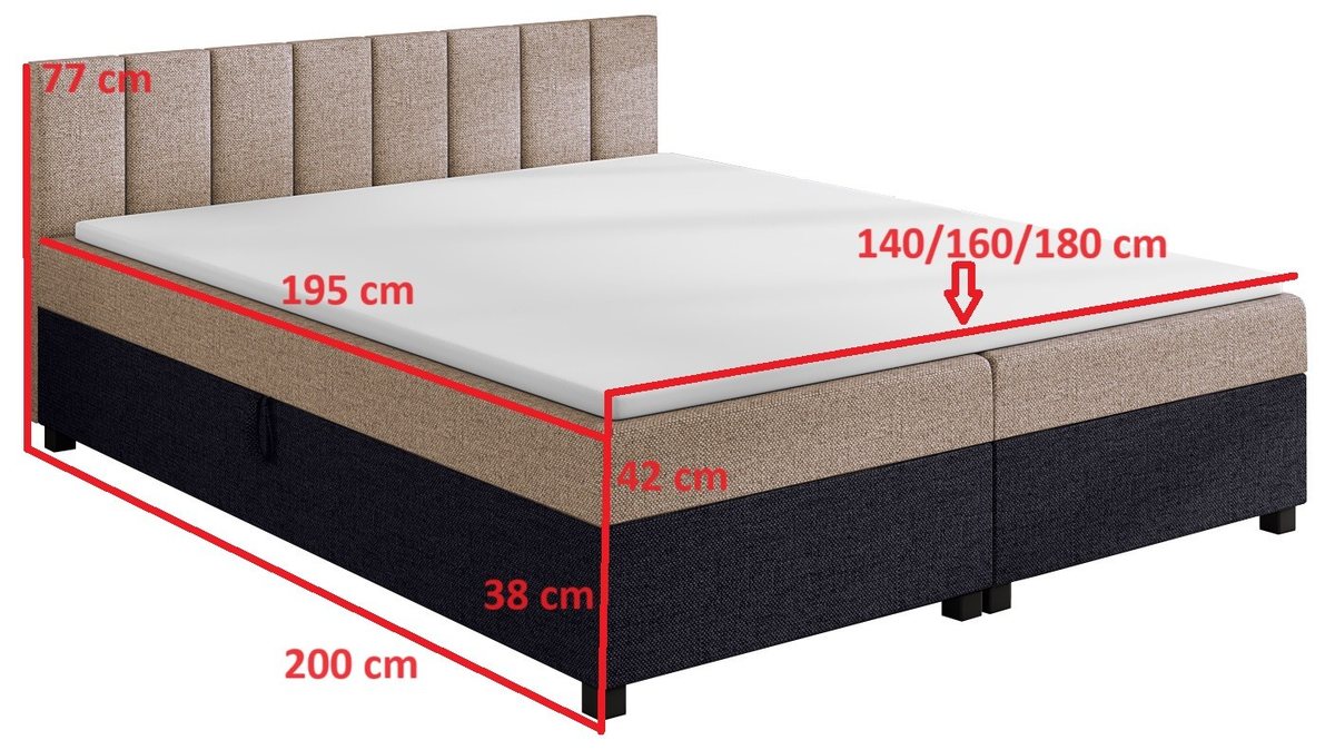 Rysunek wymiarowy tapczanu Leo: spanie 195 cm, szerokości 140/160/180 cm, długość całkowita 200 cm, skrzynia 38 cm, wezgłowie 77 cm
