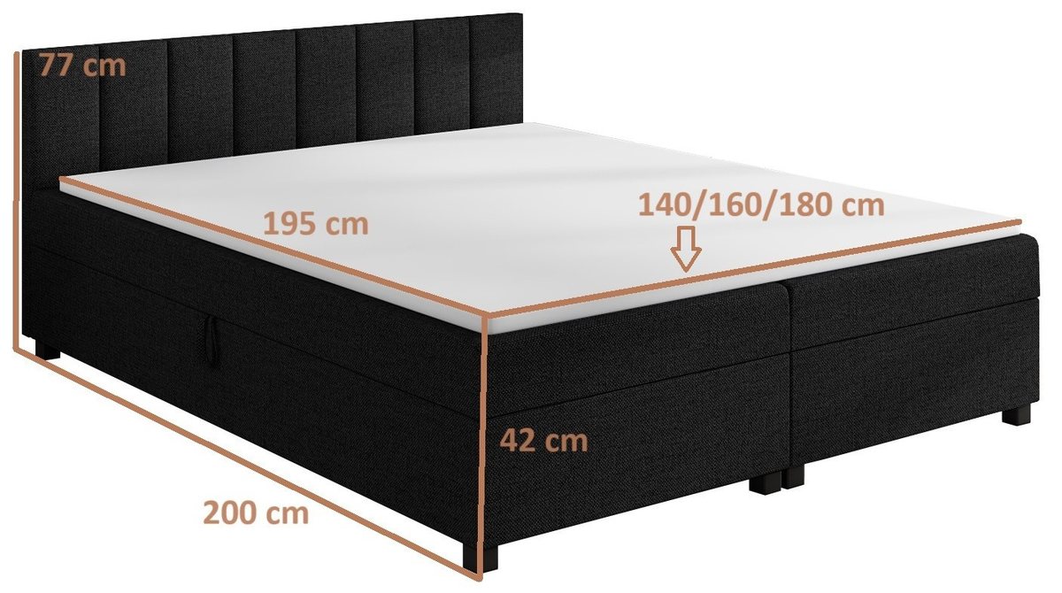 Rysunek wymiarowy tapczanu Leo: spanie 195 cm, szerokości 140/160/180 cm, długość całkowita 200 cm, skrzynia 38 cm, wezgłowie 77 cm
