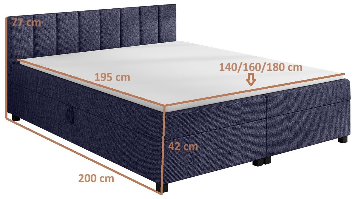 Rysunek wymiarowy tapczanu Leo: spanie 195 cm, szerokości 140/160/180 cm, długość całkowita 200 cm, skrzynia 38 cm, wezgłowie 77 cm