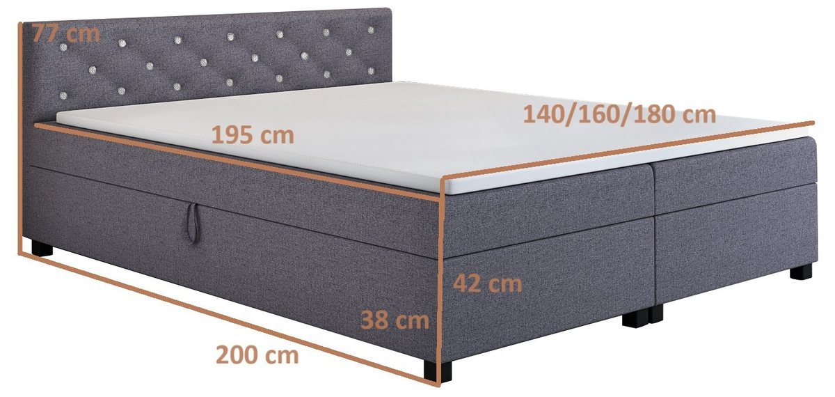 Rysunek wymiarowy tapczanu Princess 160×200: spanie 195 cm, długość całkowita 200 cm, skrzynia 38 cm, z materacem nawierzchniowym 42 cm, wezgłowie 77 cm