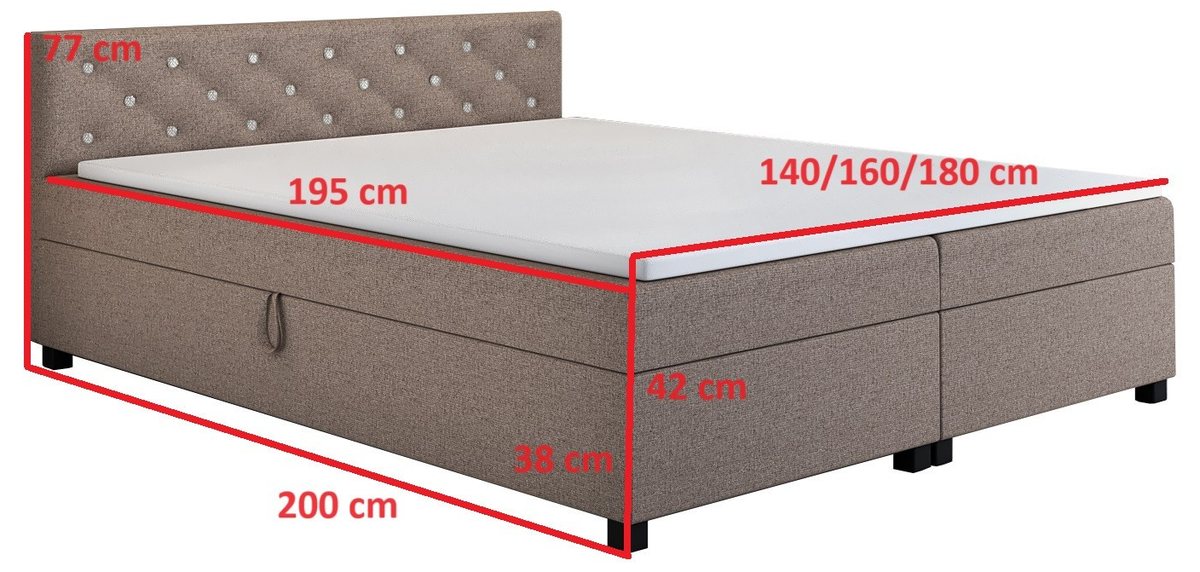 Rysunek wymiarowy tapczanu Princess 160×200: spanie 195 cm, długość całkowita 200 cm, skrzynia 38 cm, z materacem nawierzchniowym 42 cm, wezgłowie 77 cm