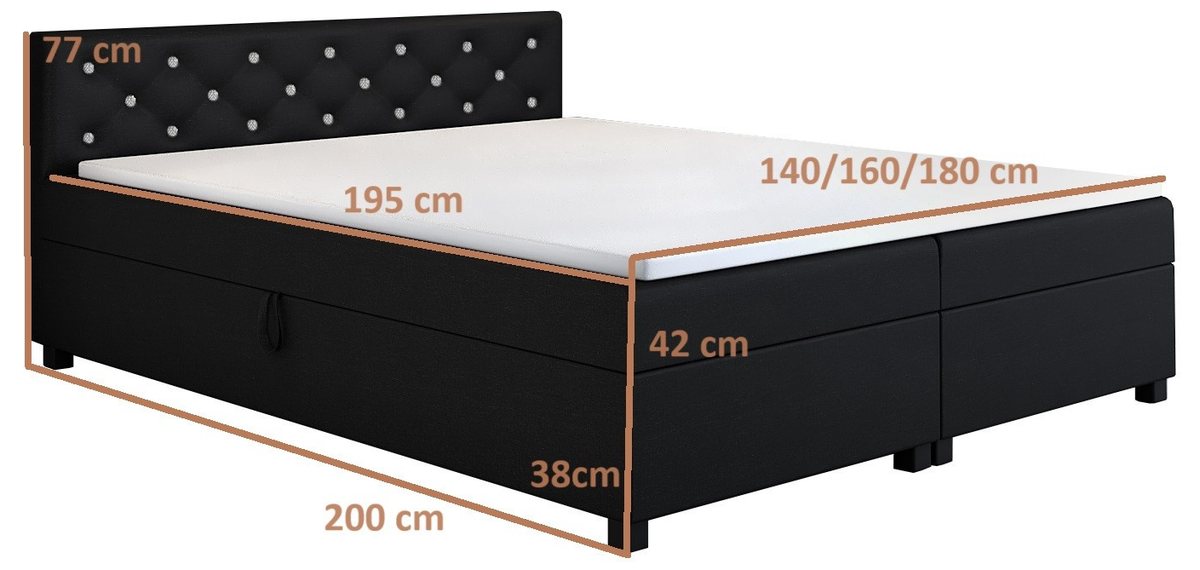 Rysunek wymiarowy tapczanu Princess 160×200: spanie 195 cm, długość całkowita 200 cm, skrzynia 38 cm, z materacem nawierzchniowym 42 cm, wezgłowie 77 cm