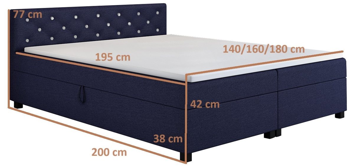 Rysunek wymiarowy tapczanu Princess 180×200: spanie 195 cm, długość całkowita 200 cm, skrzynia 38 cm, z materacem nawierzchniowym 42 cm, wezgłowie 77 cm