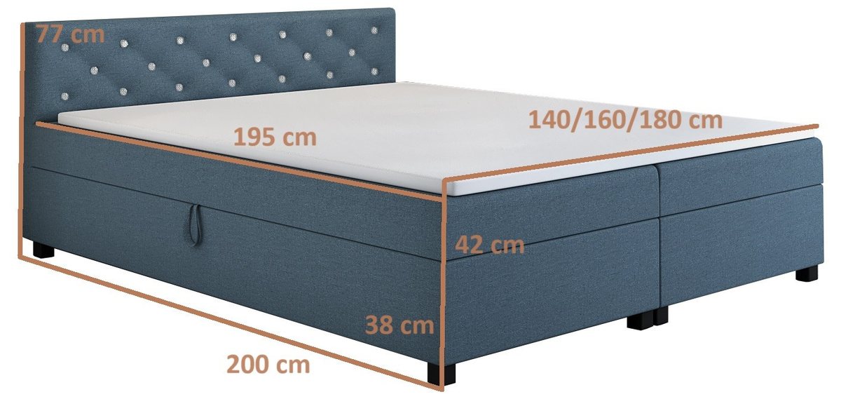 Rysunek wymiarowy tapczanu Princess 180×200: spanie 195 cm, długość całkowita 200 cm, skrzynia 38 cm, z materacem nawierzchniowym 42 cm, wezgłowie 77 cm