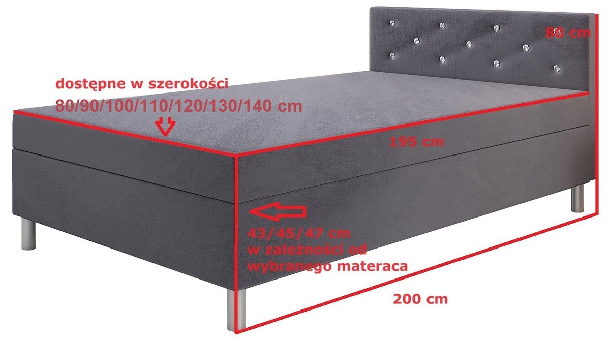 Rysunek wymiarowy tapczanu Princess: długość 200 cm, powierzchnia spania 195 cm, szerokości 80–140 cm, wysokość 43/45/47 cm, wezgłowie 80 cm