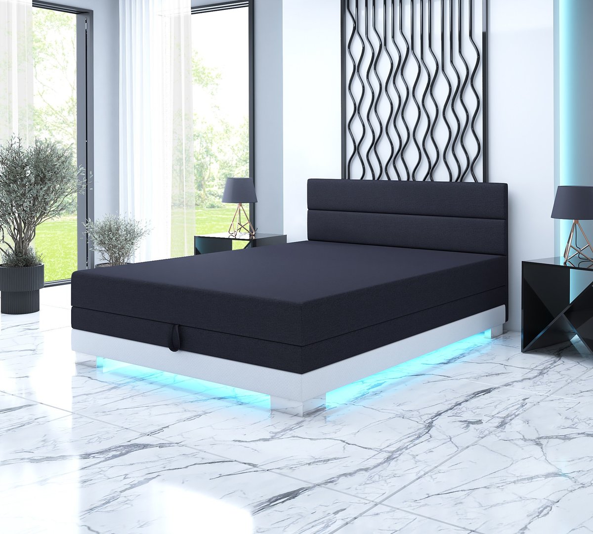 Tapczan dwuosobowy Torin 130x200 w kolorze grafitowy, z podświetleniem LED, w sypialni