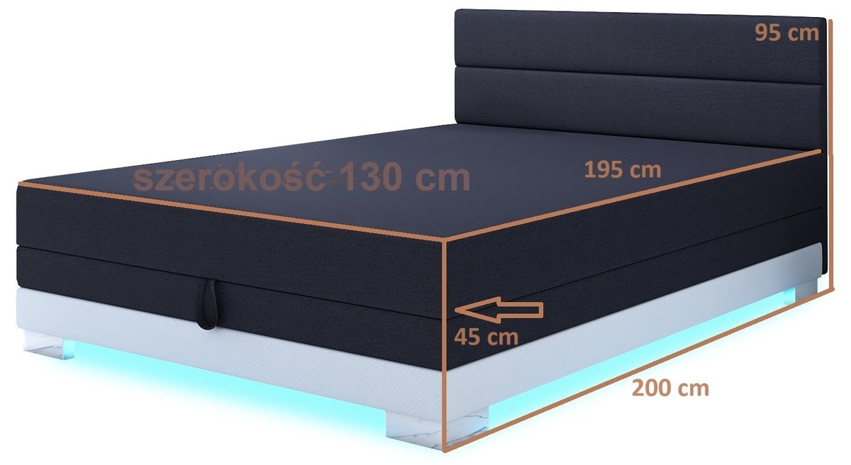 Tapczan Torin 130x200 w kolorze grafitowy – wymiary: szerokość 130 cm, powierzchnia spania 195 cm, długość całkowita 200 cm, wysokość 45 cm, z zagłowiem 95 cm