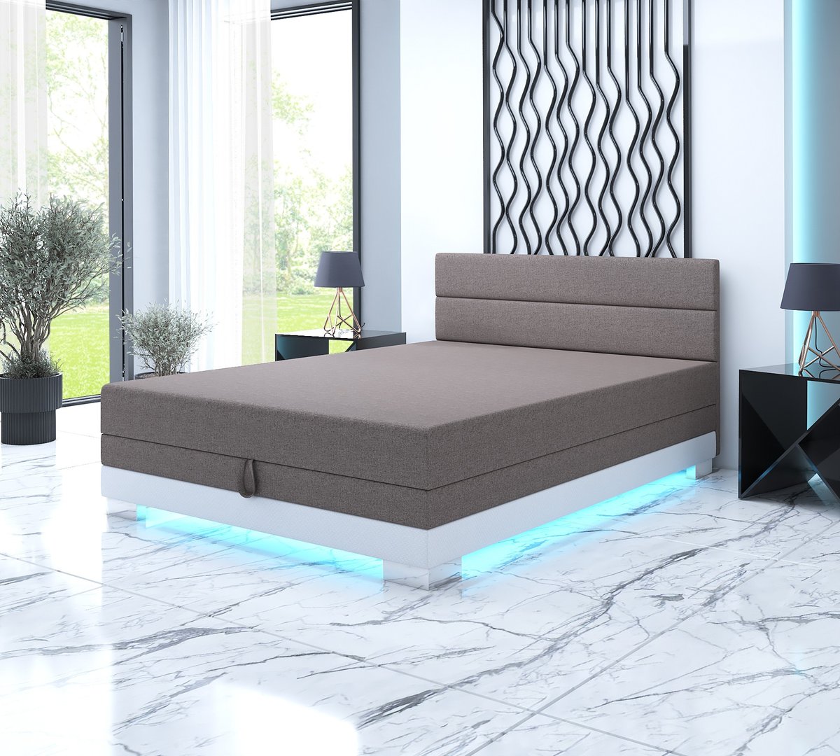 Tapczan dwuosobowy Torin 140x200 w kolorze złoty beż, z podświetleniem LED, w sypialni