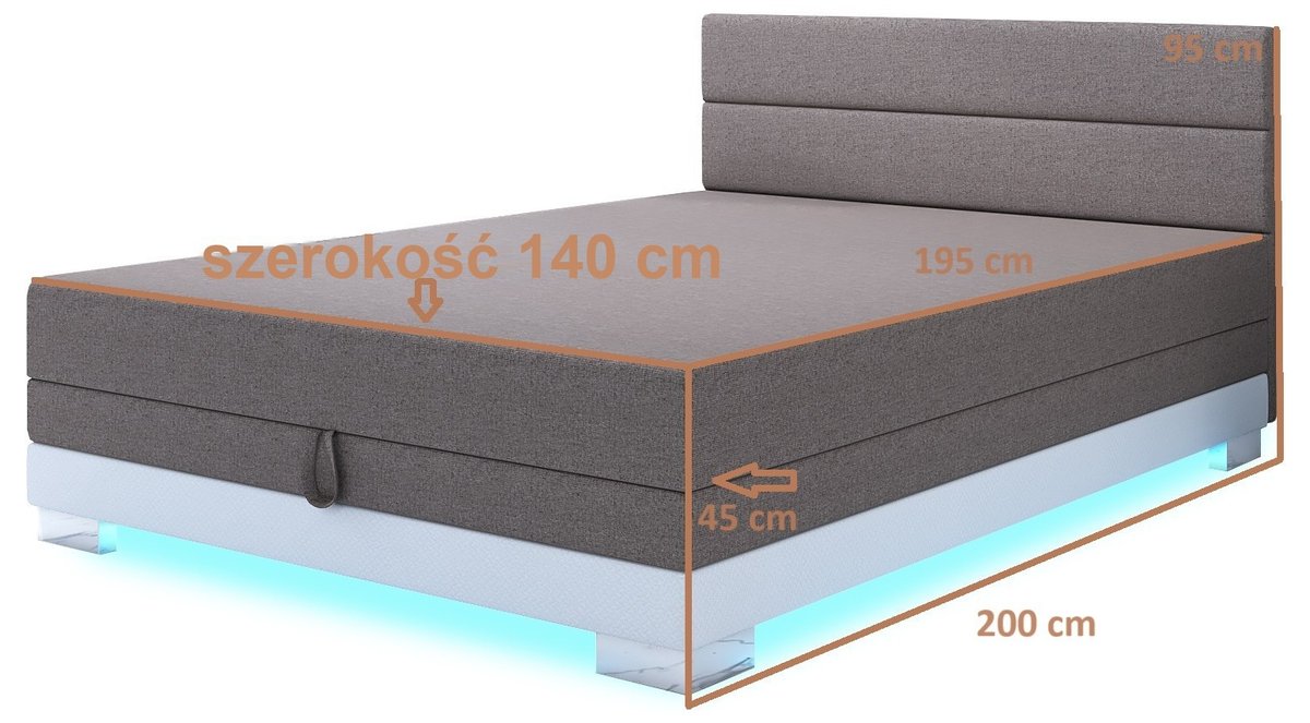 Rysunek wymiarowy tapczanu Torin 140x200: szerokość 140 cm, powierzchnia spania 195 cm, długość całkowita 200 cm, wysokość 45 cm, z zagłowiem 95 cm